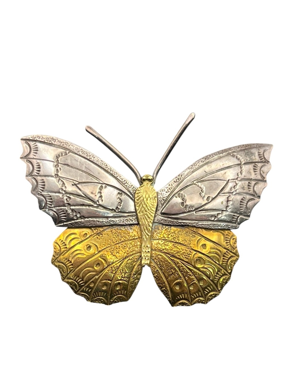 Courtney Peterson sterling silver & brass embossed butterfly brooch pin pendant